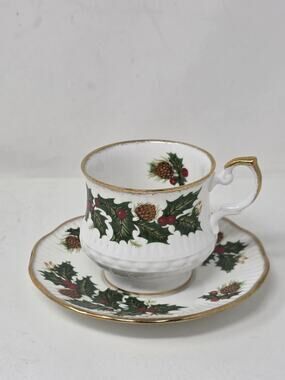 Queen's Yuletide - Rosina Fine Bone China Cup & Saucer Pine Cone Holly Berry